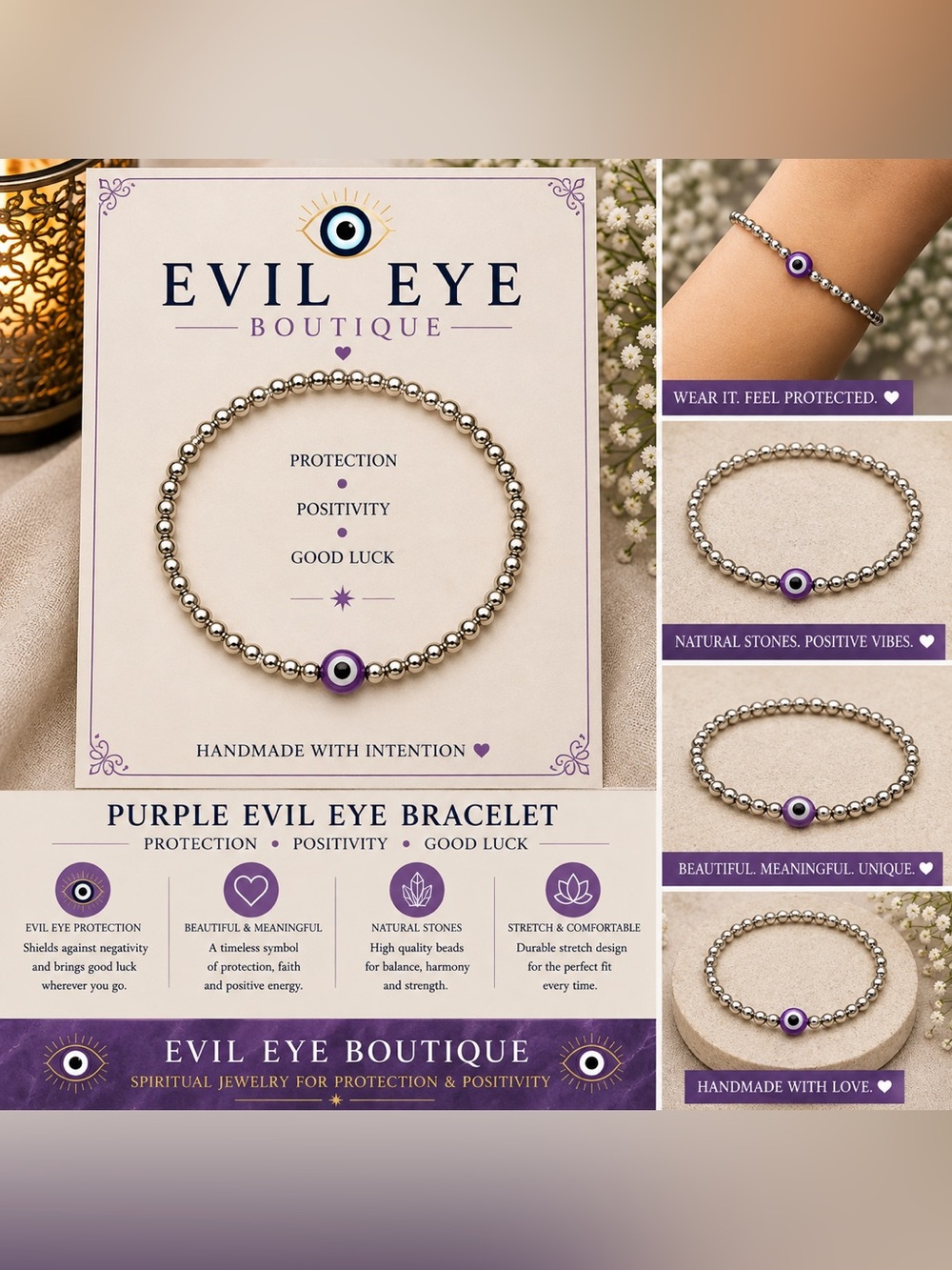 🧿💜Purple Evil Eye Bracelet - Silver Beaded Protection Bracelet💜🧿 #002